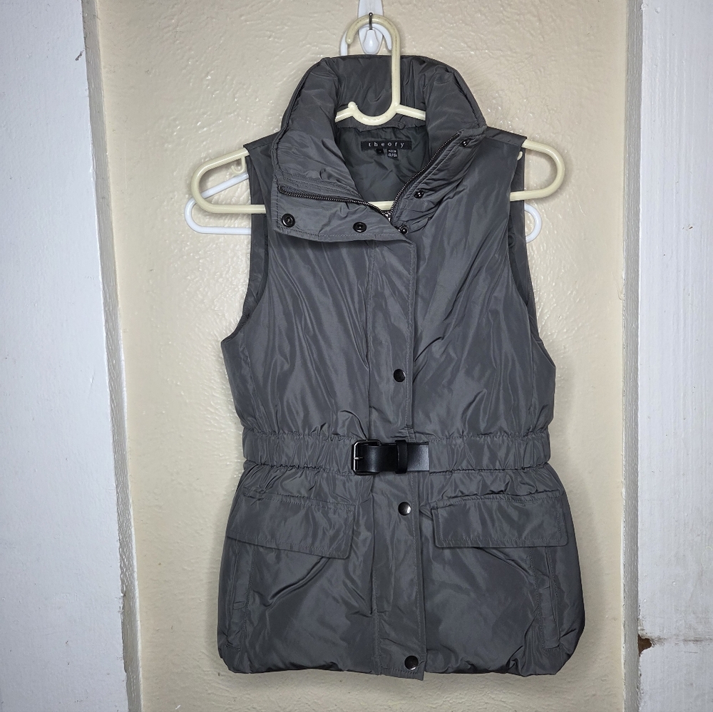Theory Down Vest Belted Puff Womens Size Petite Green Olive